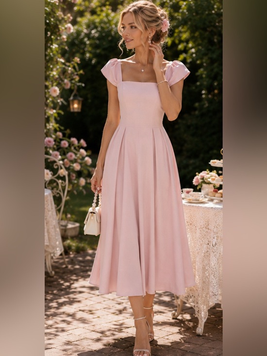 SHEIN Dresses & Skirts - Timeless Romantic Garden Tea Party Coquette Blush Pink Square-Neck Midi Dress